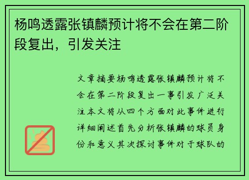 杨鸣透露张镇麟预计将不会在第二阶段复出，引发关注